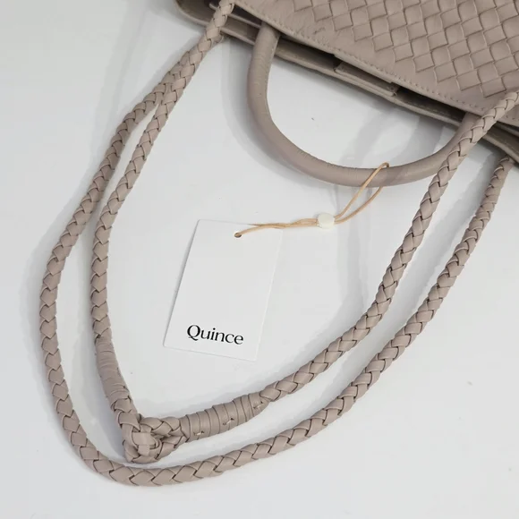 NWT QUINCE LARGE ITALIAN LEATHER HANDWOVEN SATCHEL TOTE BAG IN TAUPE - Picture 11 of 15